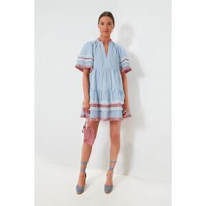 Tuckernuck Blue-and-White Striped Mini Dress with Red Fringe